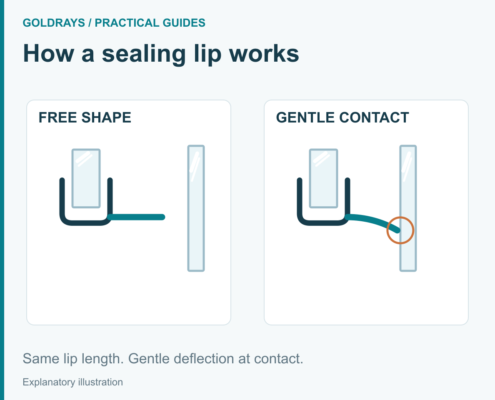 The same-length flexible lip before contact and with gentle deflection against the mating surface.