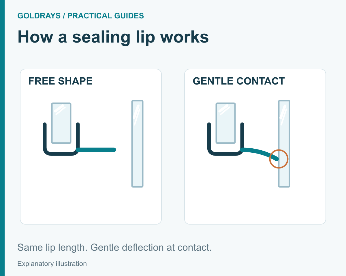 The same-length flexible lip before contact and with gentle deflection against the mating surface.