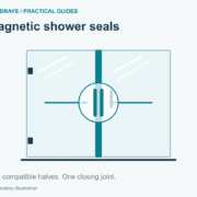 Two compatible magnetic shower seal halves meeting at the closing edge.