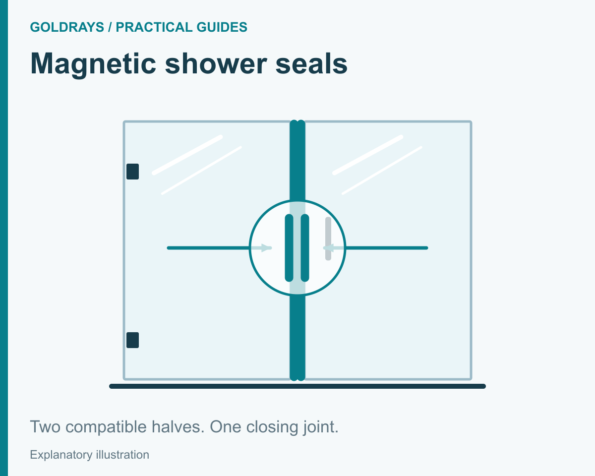 Two compatible magnetic shower seal halves meeting at the closing edge.