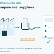 Illustration of a factory, a full-length seal sample with a ruler, and an approved specification sheet