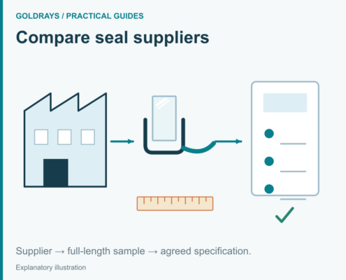 Illustration of a factory, a full-length seal sample with a ruler, and an approved specification sheet