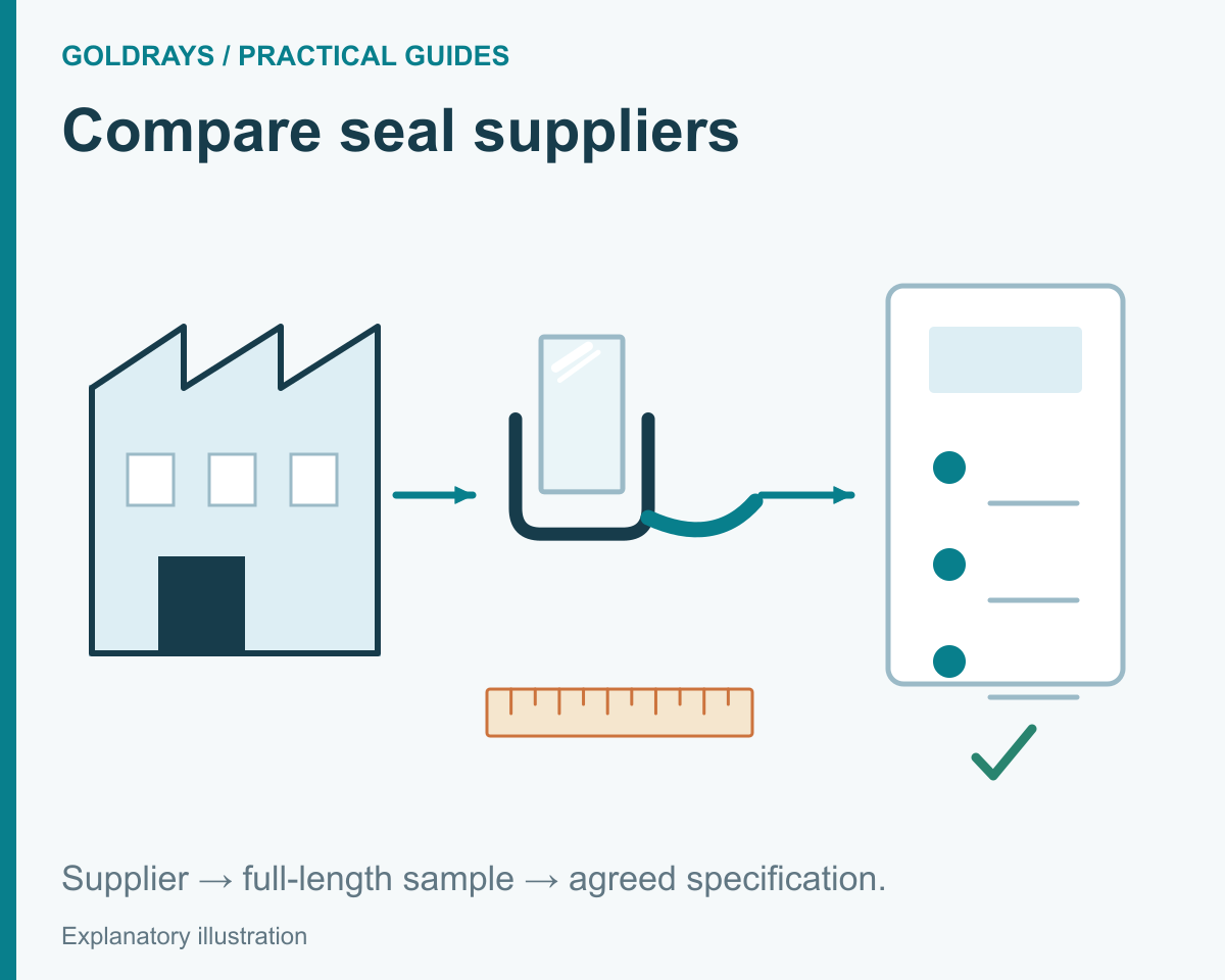 Illustration of a factory, a full-length seal sample with a ruler, and an approved specification sheet