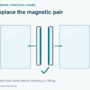 Illustration of the two halves of a magnetic shower door seal pair between two glass panels
