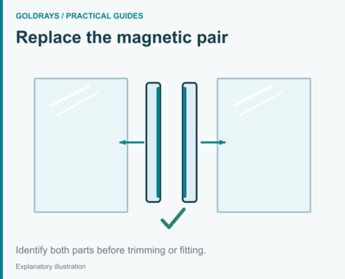 Illustration of the two halves of a magnetic shower door seal pair between two glass panels