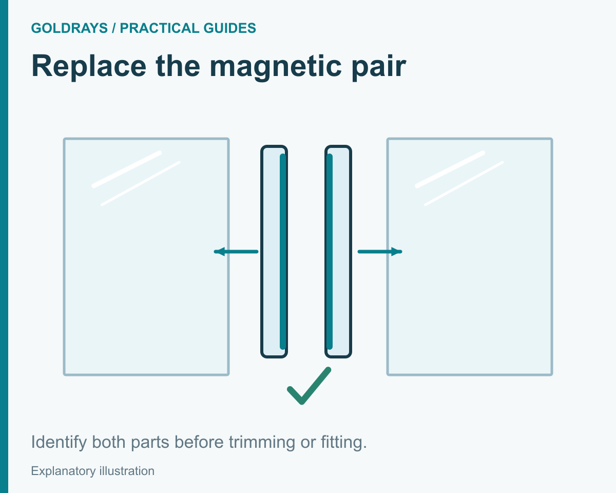 Illustration of the two halves of a magnetic shower door seal pair between two glass panels