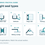 Eight seal applications, including a bottom wipe, deflector, two-part magnetic pair, sliding overlap and retained frame insert.