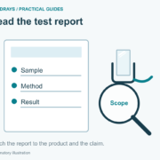 Illustration of a test report checklist (sample, method, result) next to a magnifying glass over a shower seal