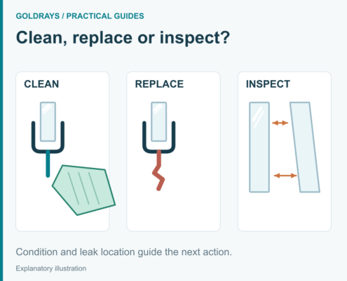 Condition and leak location guide the next action.