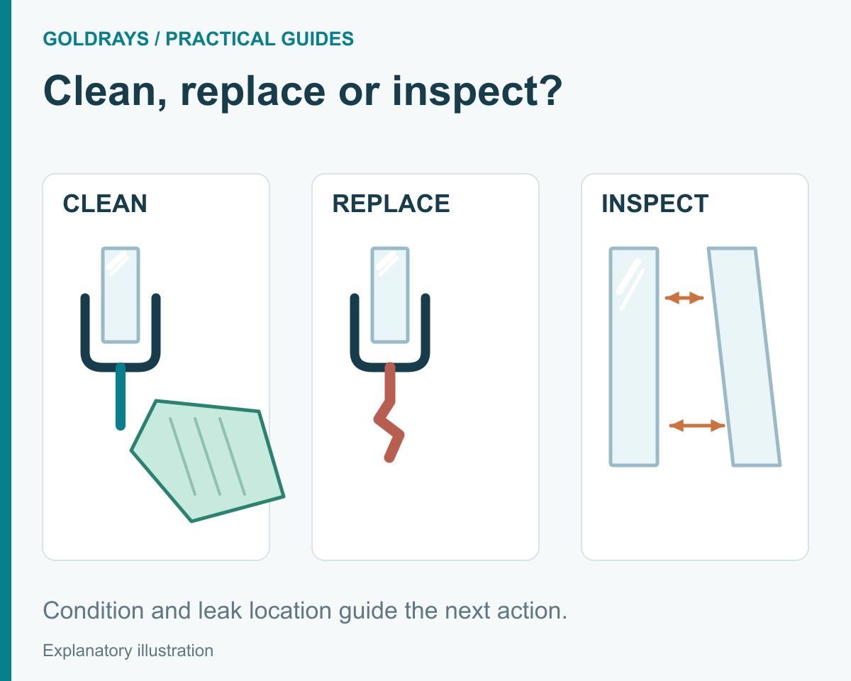 Condition and leak location guide the next action.