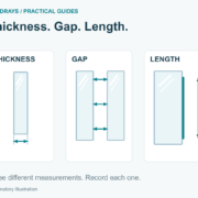 Three measurements: thickness across the two bare-glass faces, the closing gap, and the installed seal run.