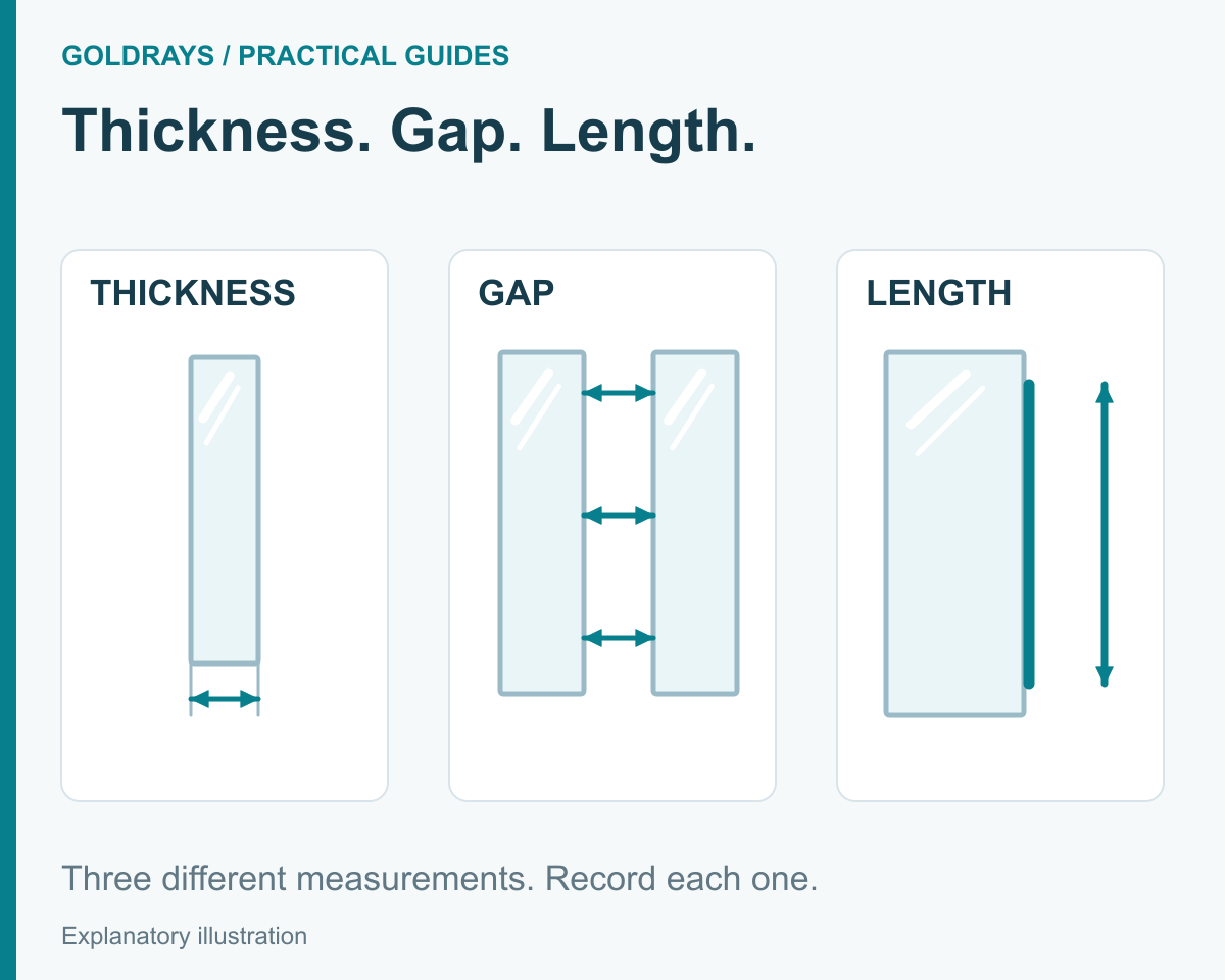 Three measurements: thickness across the two bare-glass faces, the closing gap, and the installed seal run.