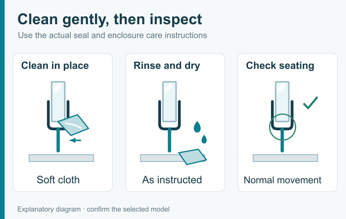 Clean gently using the approved method, then inspect seating and movement.