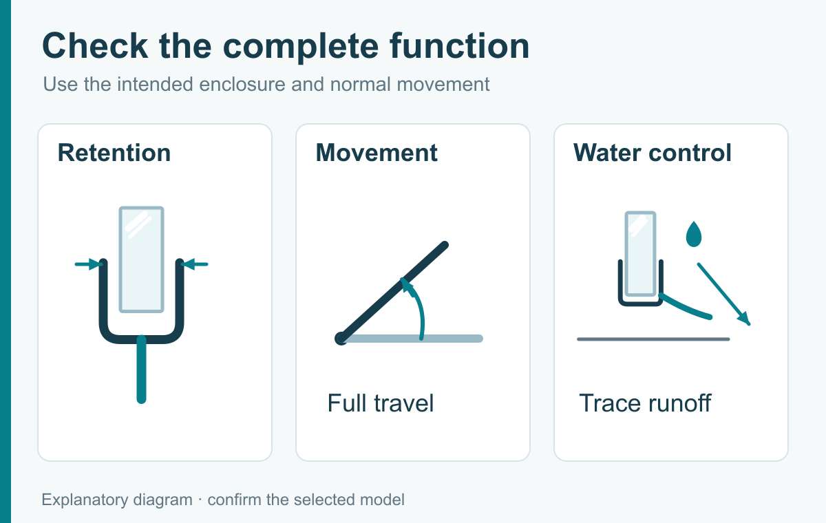 Three parts of a shower seal functional check.
