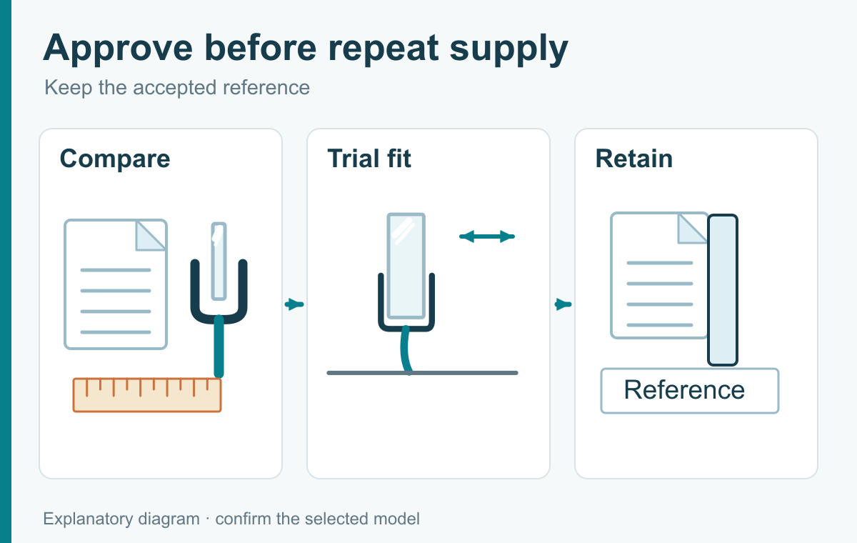 Sample comparison, trial fitting and retained approval reference.